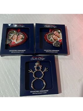 3 Christmas tree ornaments. 2- 2016 heart frames and 1 snowman